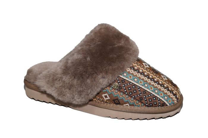 Warmbat Pantoffel Collie in stof print Taupe