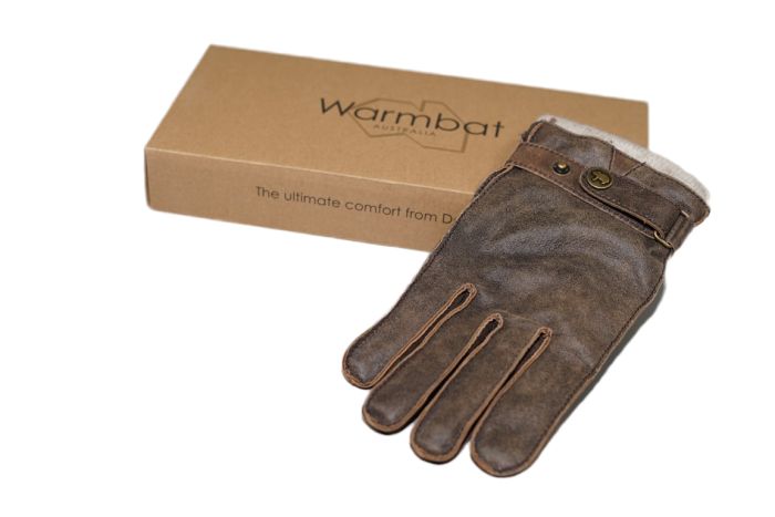 Warmbat handschoenen in bruin leer met knoop Heren