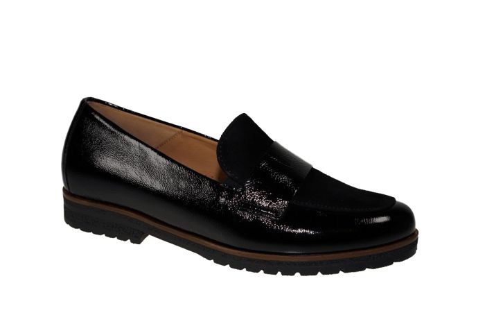 Gabor moccasin in zwart lak met nubuck