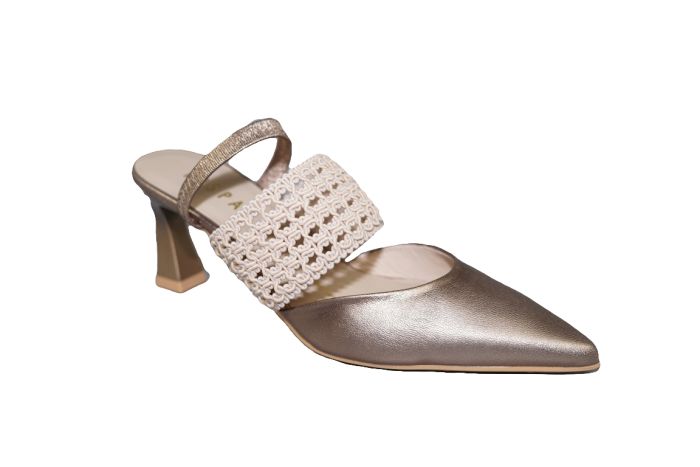 Hispanitas slipper in goud met taupe band wreef