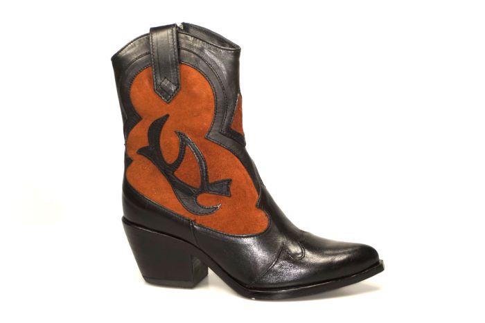 Mjus Western laars in zwart met cognac combi