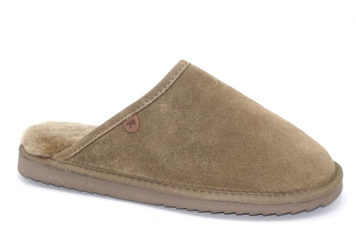 Warmbat slipper in taupe suede met lamsvacht