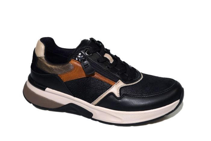 Gabor Sneaker in zwart met cognac en stretch